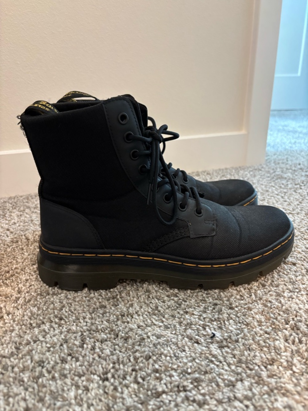 Dr. Martens Black Canvas Boots with Yellow Stitching